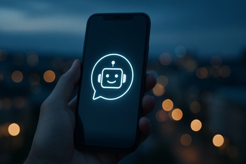 Hånd som holder mobil med chatbot-ikon foran nattby med bokeh-lys